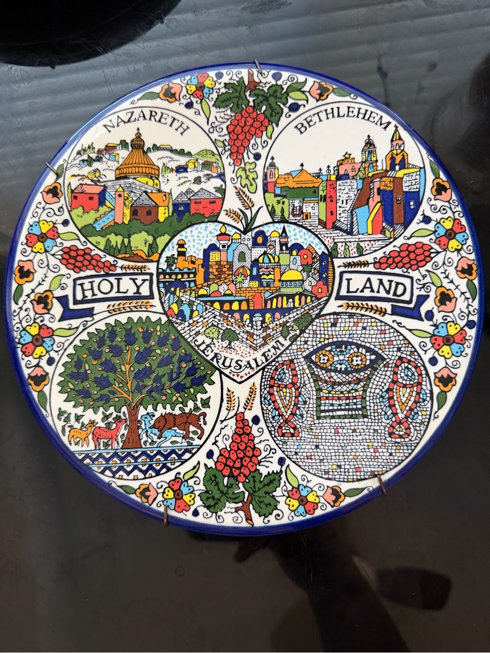 Handmade Ceramic Holy Land Souvenir Wall Plate - Bethlehem, Jerusalem, Nazareth